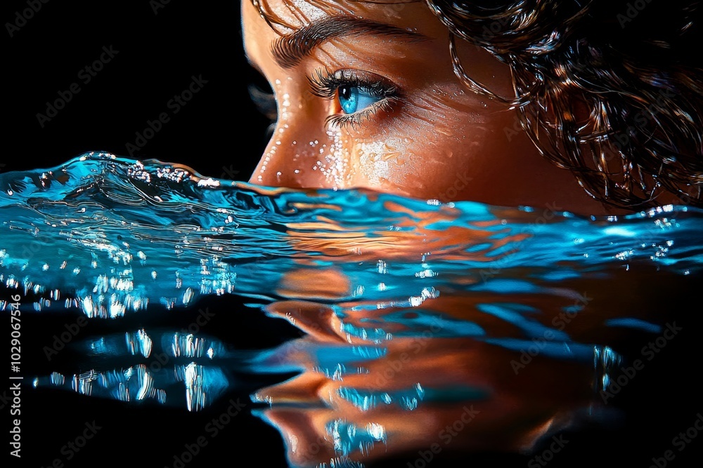 Poster a hyper-realistic depiction of a person gazing at their reflection in water, with every ripple and d