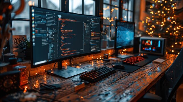 A cozy and festive office workspace setup featuring dual monitors with programming code displayed, ambient lighting, and holiday decorations