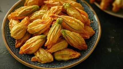 High-angle shot of a platter with fried zucchini flowers, showing their crisp texture and a vibrant, golden color