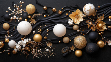 Elegant black and gold decor with spheres and floral accents