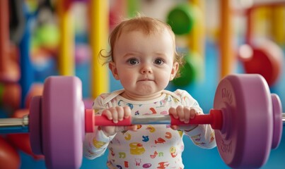 Baby lifting weights in a colorful play area.
