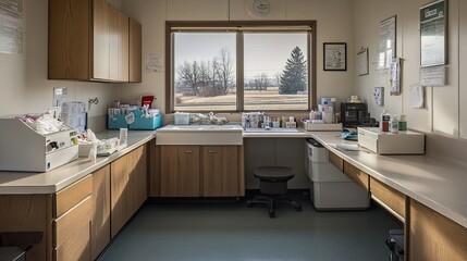 A small office with a window looking out onto a grassy field. The room is sparsely furnished with a desk, a sink, and a few cabinets.