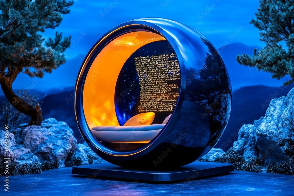 Poster a meditation pod in a futuristic landscape, where digital screens display ancient eastern poetry and