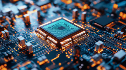 A close up view of microchip on circuit board, showcasing intricate details and glowing elements