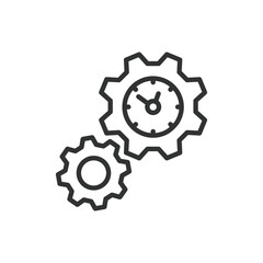 Fototapeta premium Cog clocks, in line design. Cog clocks, gears, timekeeping, mechanism, synchronization, clockwork, efficiency on white background vector. Cog clocks editable stroke icon