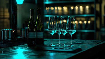 Elegant wine bottles and crystal glasses are arranged on sleek bar counter, illuminated by soft blue lighting, creating sophisticated atmosphere perfect for vineyard tour