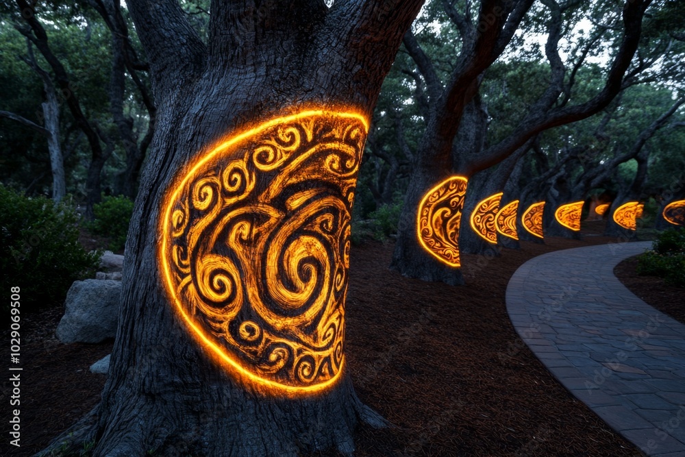 Aufkleber a mystical forest with ancient trees, where the bark is alive with swirling patterns of light, and t