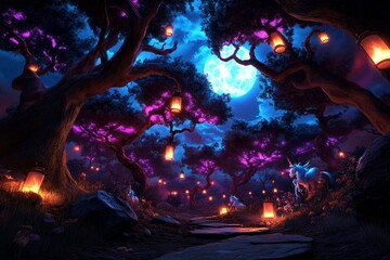 A mystical forest with towering trees and floating lanterns, lighting the path through the woods, where magical creatures such as unicorns and elves roam under the glowing moonlight