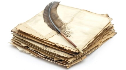 Antique Quill Pen Resting on a Stack of Aged Paper