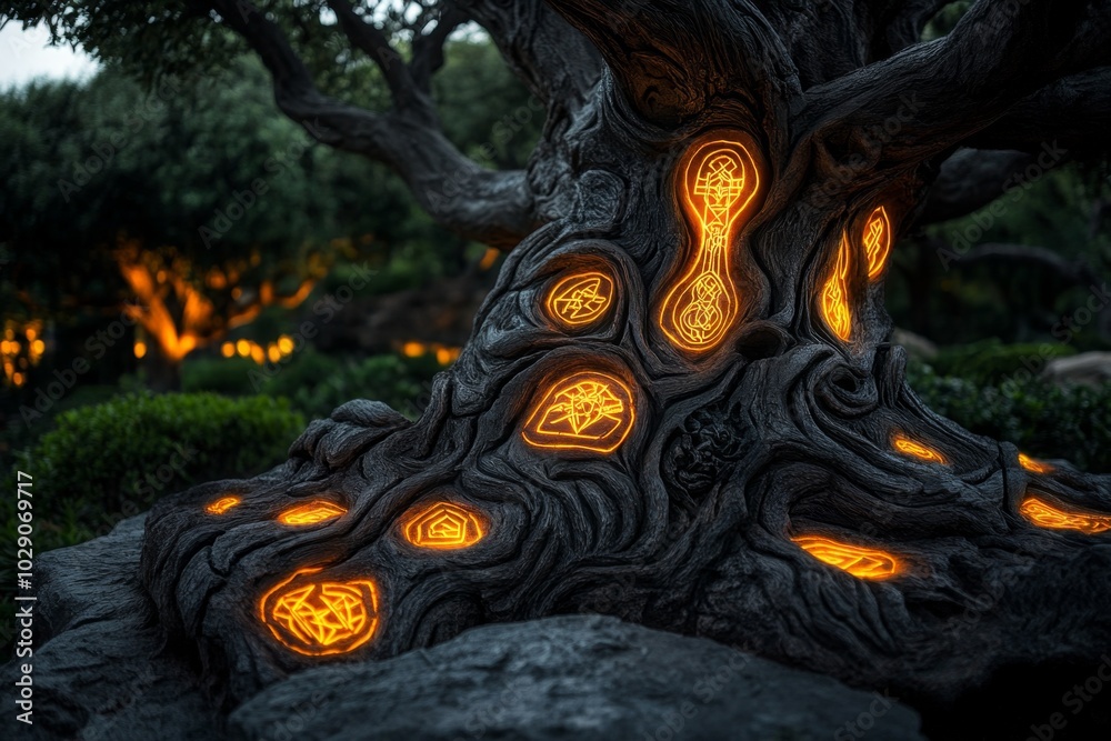 Poster A mystical tree with glowing bark, where the deep cracks are filled with a soft, ethereal light, and the tree itself holds magical symbols carved into its ancient surface