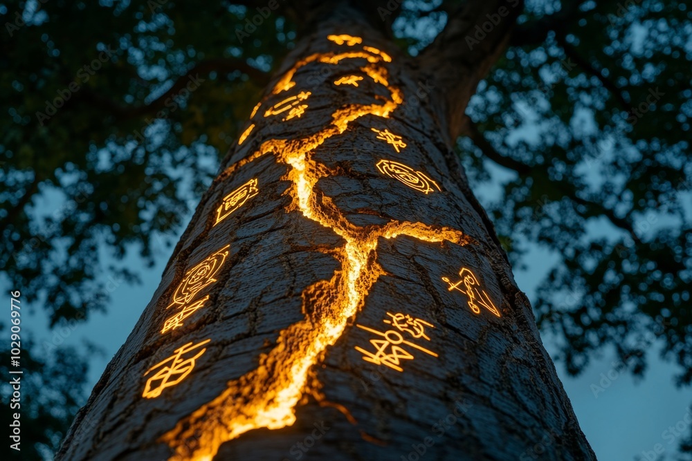 Poster A mystical tree with glowing bark, where the deep cracks are filled with a soft, ethereal light, and the tree itself holds magical symbols carved into its ancient surface