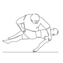 One continuous single drawing line art flat doodle woman, patient, physical therapy, two people, people, adult, back, indoor, massaging. Isolated image hand draw contour on a white background