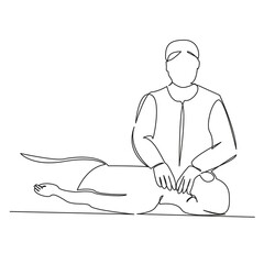 One continuous single drawing line art flat doodle physical therapist, neck, patient, osteopath, physical therapy, doctor, medicine, pain, chiropractor, woman. Isolated image hand draw contour on a wh