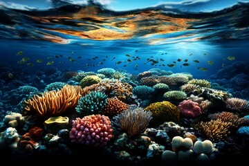 Fototapeta premium A panoramic photo of a colorful coral reef underwater, with schools of fish swimming around vibrant corals and sea plants, capturing the beauty of marine life