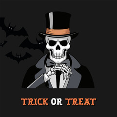 Halloween skeleton banner with a black background and white skeleton. It has a bold, spooky design perfect for a festive event or invitation!