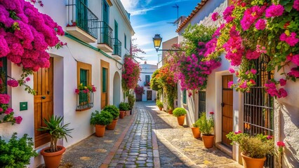 Obraz premium Narrow Andalusian Street with Vibrant Bougainvillea and Whitewashed Walls