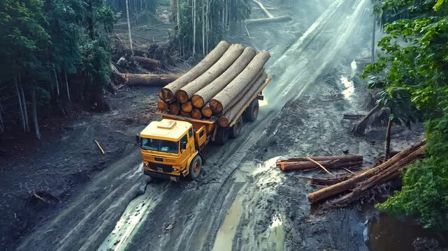 Truck transporting logs through a muddy forest road