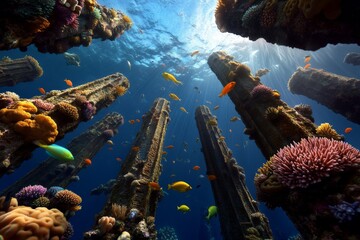 A panoramic view of a mythical underwater city, with towering spires made of coral and shimmering sea creatures swimming around ancient ruins
