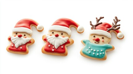 Festive Christmas cookies shaped like Santa hats and reindeer, decorated with colorful icing, isolated on white background