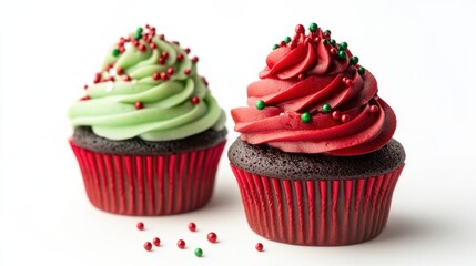 Festive Christmas cupcakes with red and green frosting, topped with holiday sprinkles, isolated on white background