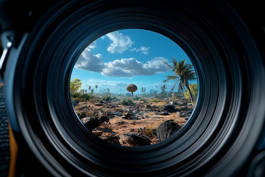 A person looking through a camera lens, focusing on a single object in a busy landscape, symbolizing how perception filters and shapes reality