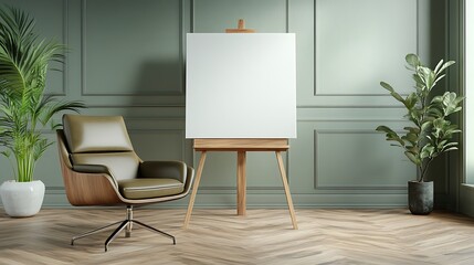 Fototapeta premium An empty canvas on a contemporary easel under soft spotlighting, surrounded by luxurious furnishings and elegant details in the room.