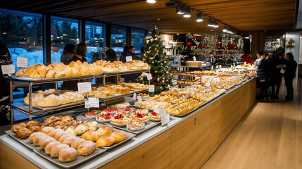 A snowy mountain retreat holiday feast, with comfort food like hot soups, freshly baked bread, and mulled wine served in a cozy wooden chalet.