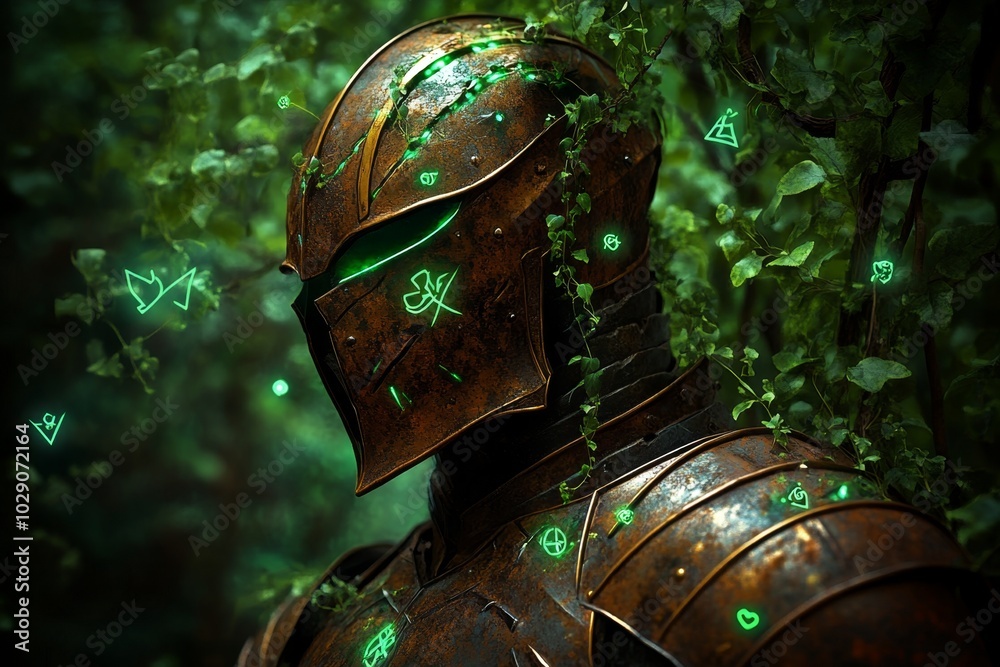 Poster a rusted metal armor set hanging in a mystical forest, overgrown with glowing vines and magical symb