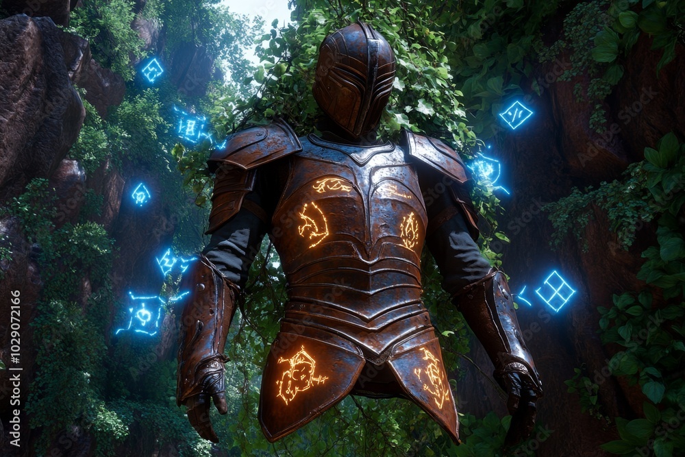 Poster a rusted metal armor set hanging in a mystical forest, overgrown with glowing vines and magical symb
