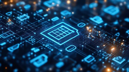 A glowing blue calculator icon is seen on a circuit board background with other digital icons.