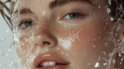 Fototapeta premium Model face mid-splash with water droplets captured, highlighting the invigorating effect of a cleanser