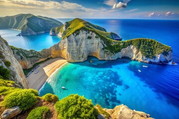 Fototapeta premium Navagio Beach on Zakynthos Island features breathtaking turquoise waters, dramatic cliffs, and mesmerizing scenery, creating a paradise that enchants