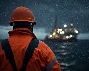 Industrial Worker in Rain Under Vibrant Orange Elements