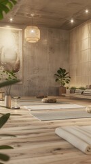 Serene yoga studio with mats and calming decor, 4K hyperrealistic photo