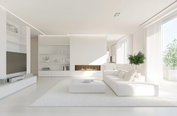 Fototapeta premium Bright minimalist living room with white furniture, fireplace, and plants.