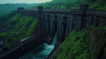 Obraz premium Aerial View of Large Hydroelectric Dam Surrounded by Greenery