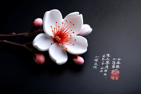 A single delicate cherry blossom with a haiku written beside it, with minimal color and clean lines, capturing the fleeting beauty and deep insight of Eastern poetry