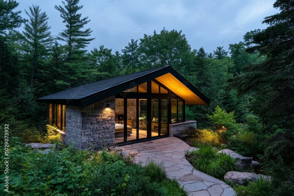 Aufkleber a small stone cottage nestled in a clearing, surrounded by towering pines and oaks, with the soft li