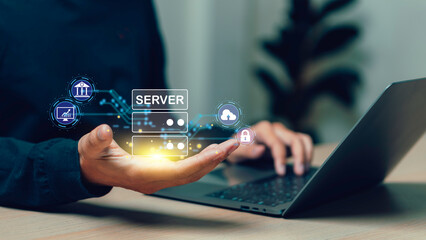 businessman use Laptop with cloud or server computing diagram show on hand. Cloud technology. Data storage. Networking and internet service concept.