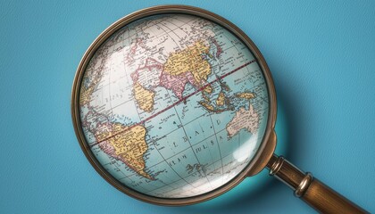 A magnifying glass focuses on a world map, emphasizing geography and exploration.