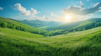 A panoramic view of a rolling green meadow with a backdrop of mountains and a sun-drenched sky.