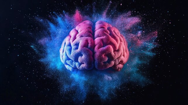 Powder explosion forming the outline of a brain, with intense blue and pink hues, set against a deep black background for dramatic contrast.
