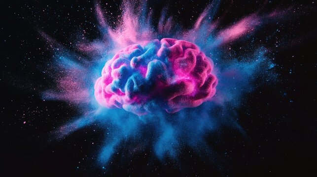 Powder explosion forming the outline of a brain, with intense blue and pink hues, set against a deep black background for dramatic contrast.