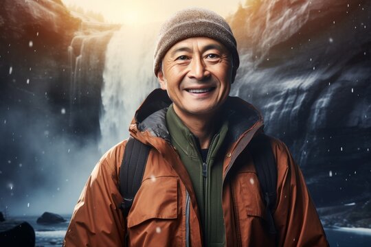 Portrait of a smiling asian man in his 50s wearing a warm parka in front of backdrop of a spectacular waterfall