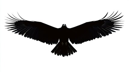 Obraz premium A silhouette of an eagle in flight, wings spread wide, against a white background.