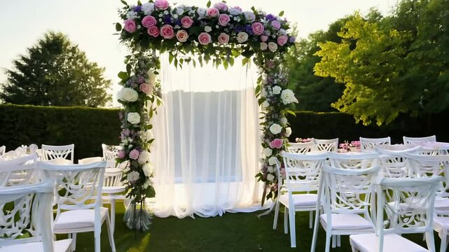 An intimate outdoor garden wedding ceremony venue with a flower arch and white chairs, with rose petals on the ground. Generative AI