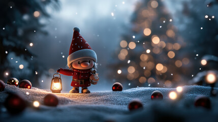 festive gnome stands on snowy hill, holding lantern and gift, surrounded by magical winter landscape. scene is filled with twinkling lights and holiday cheer