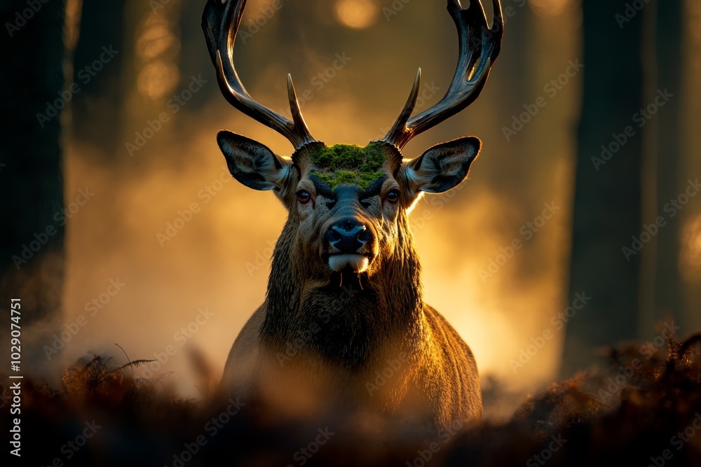 Poster a stag standing in the middle of a misty forest clearing, its antlers covered in moss and its gaze p