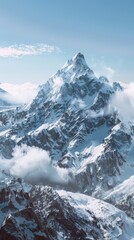 Mountain landscape with snow-capped peaks and a clear sky, 4K hyperrealistic photo