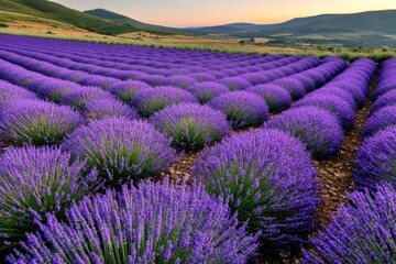 Obraz premium A sweeping panorama of a lavender field in full bloom, with rows of purple stretching out to the horizon, framed by distant hills and a clear sky